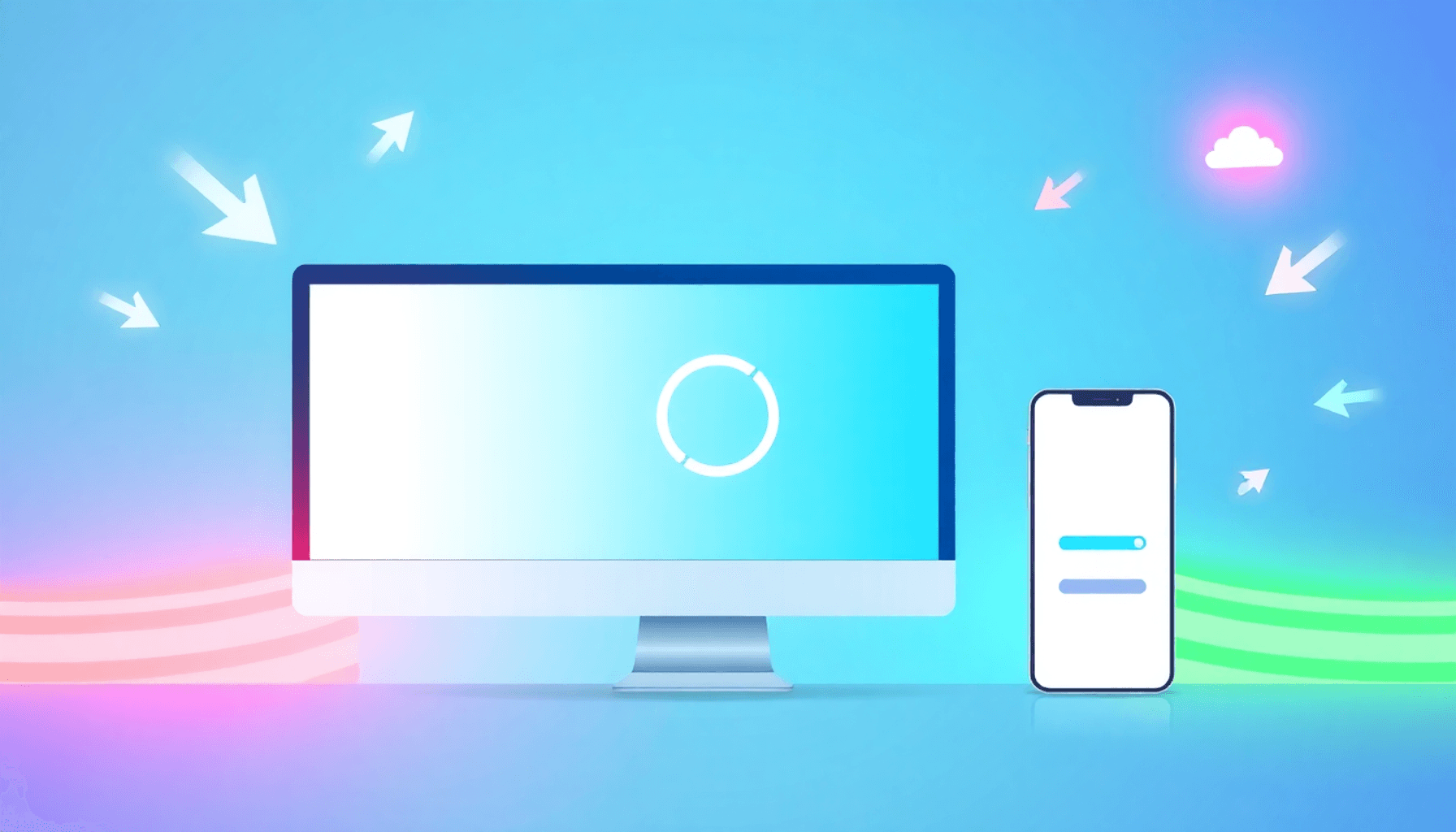 Digital illustration af en elegant hjemmeside, der indlæses hurtigt på desktop og mobil, med dynamiske pile og lysende progressionsbjælker på en ly...