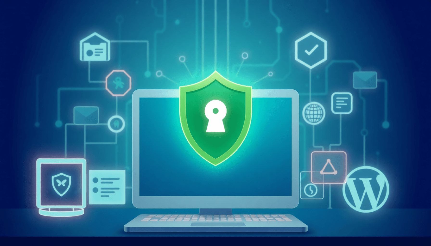 En glødende digital skærm over en webstedsgrænseflade med ikoner for firewalls, malwarebeskyttelse og spamfiltrering på en blå-grøn teknologisk bag...