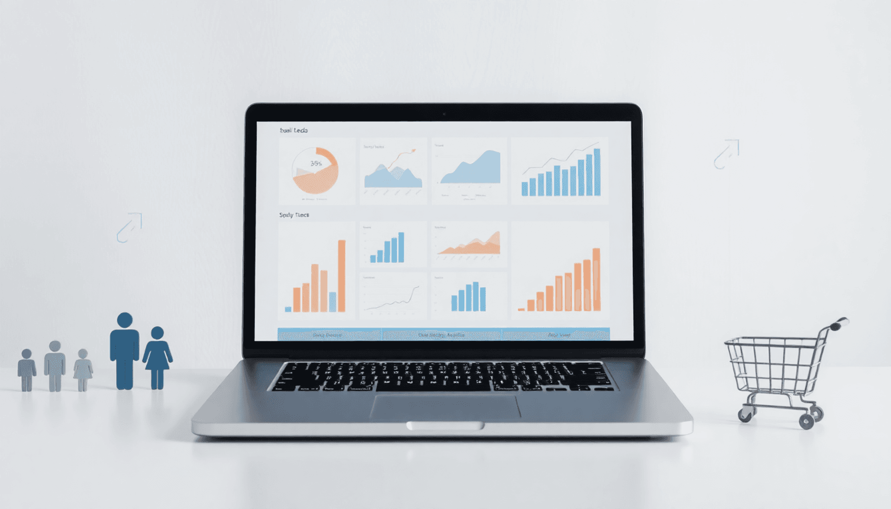 En ryddelig arbejdsplads med en bærbar computer, der viser datadiagrammer, omgivet af ikoner for digital markedsføring og subtile opadgående pile, ...