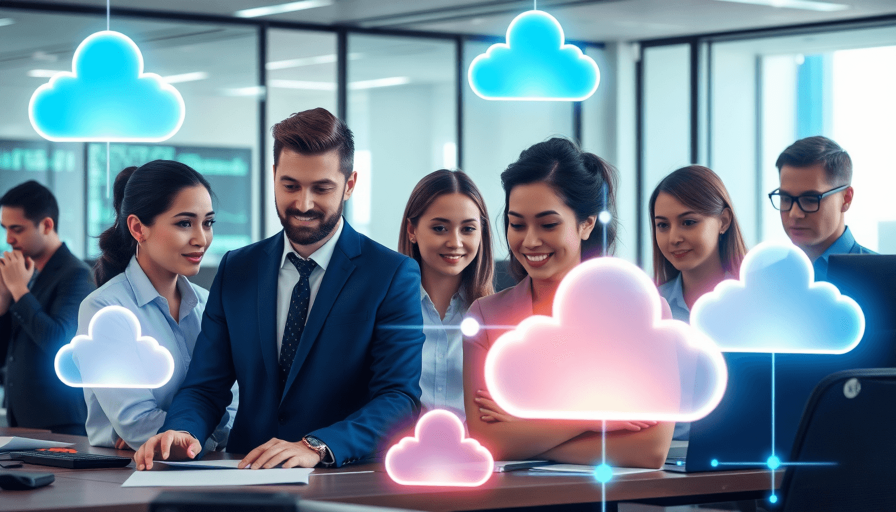 Et moderne arbejdsområde med IT-specialister, der samarbejder omkring glødende holografiske datastrømme og cloud-ikoner, som symboliserer sikker di...