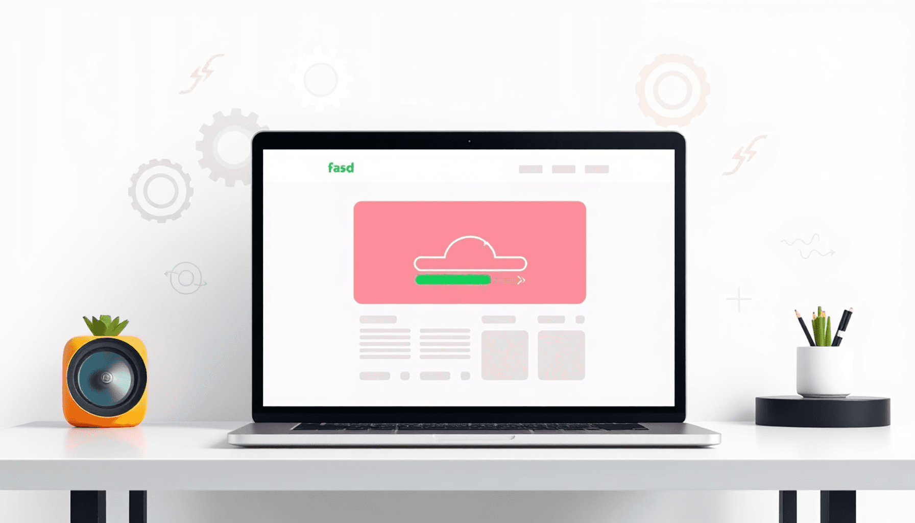 Et moderne arbejdsområde med en bærbar computer, der viser en hurtig hjemmeside, omgivet af farverige ikoner som gear, lyn og pile, der symbolisere...