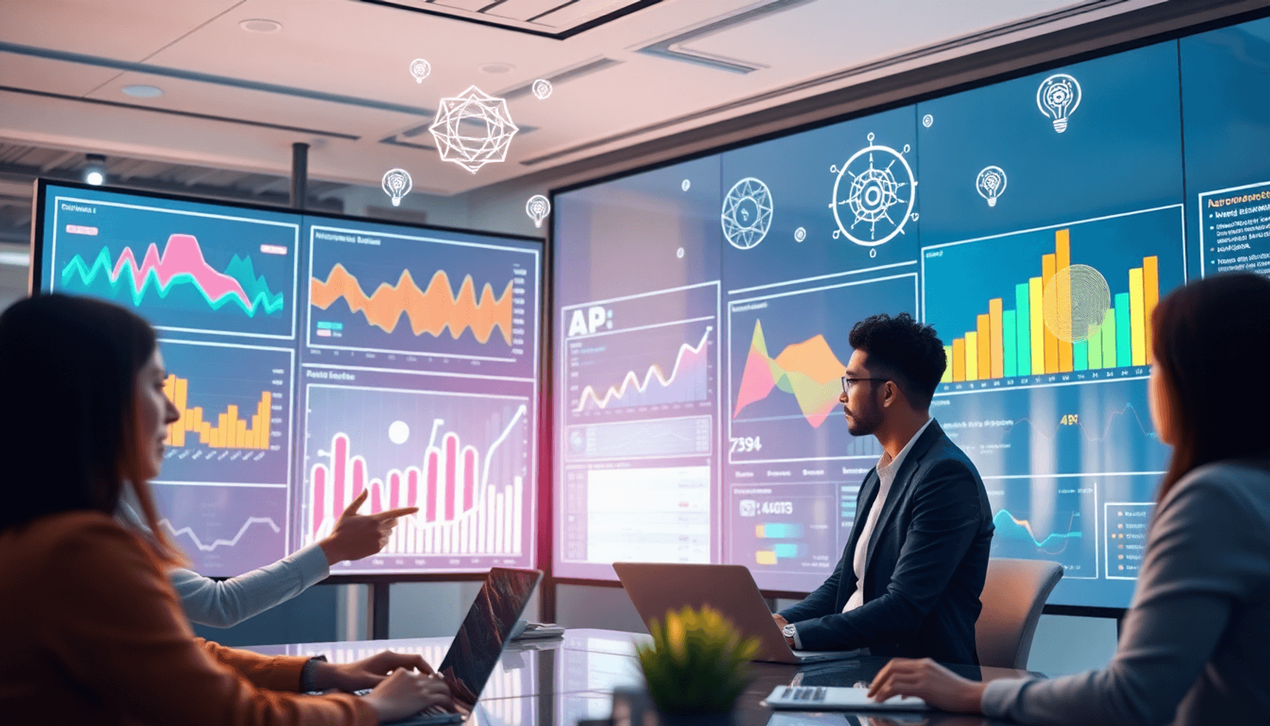 Et moderne arbejdsområde med professionelle, der analyserer farverige datadiagrammer på transparente skærme, med glødende mønstre fra neurale netvæ...