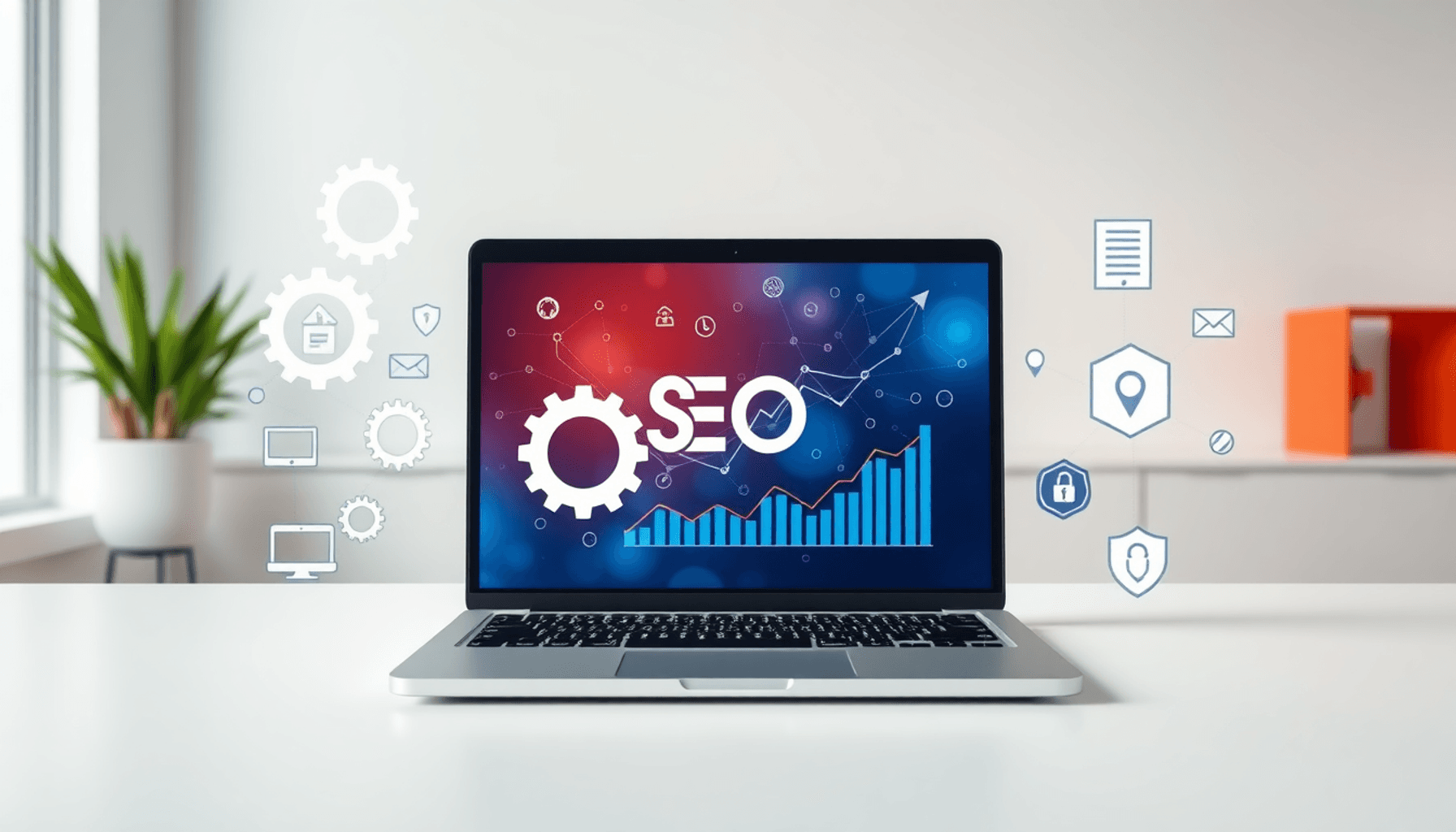 Et slankt arbejdsområde med en bærbar computer, der viser abstrakte webanalyse- og SEO-ikoner som gear, pile og netværksnoder i lyse, teknologisk i...
