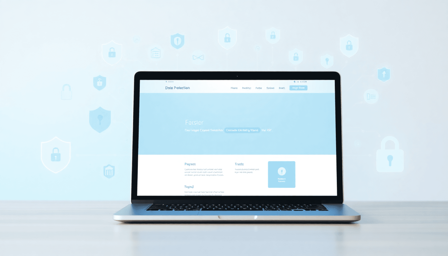 Laptop, der viser en moderne webstedsgrænseflade med abstrakte skjold- og låseikoner omkring den i bløde blå og grønne nuancer, der symboliserer da...