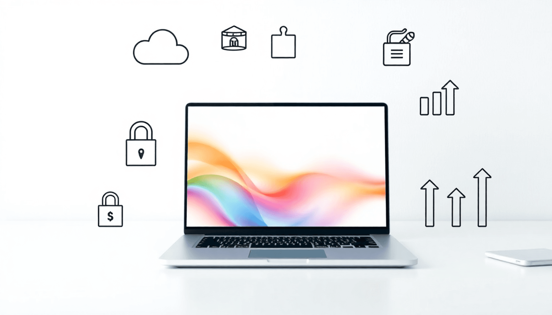 Moderne arbejdsplads med bærbar computer, der viser en online shoppinggrænseflade, omgivet af ikoner for hosting, betalingssikkerhed, designværktøj...
