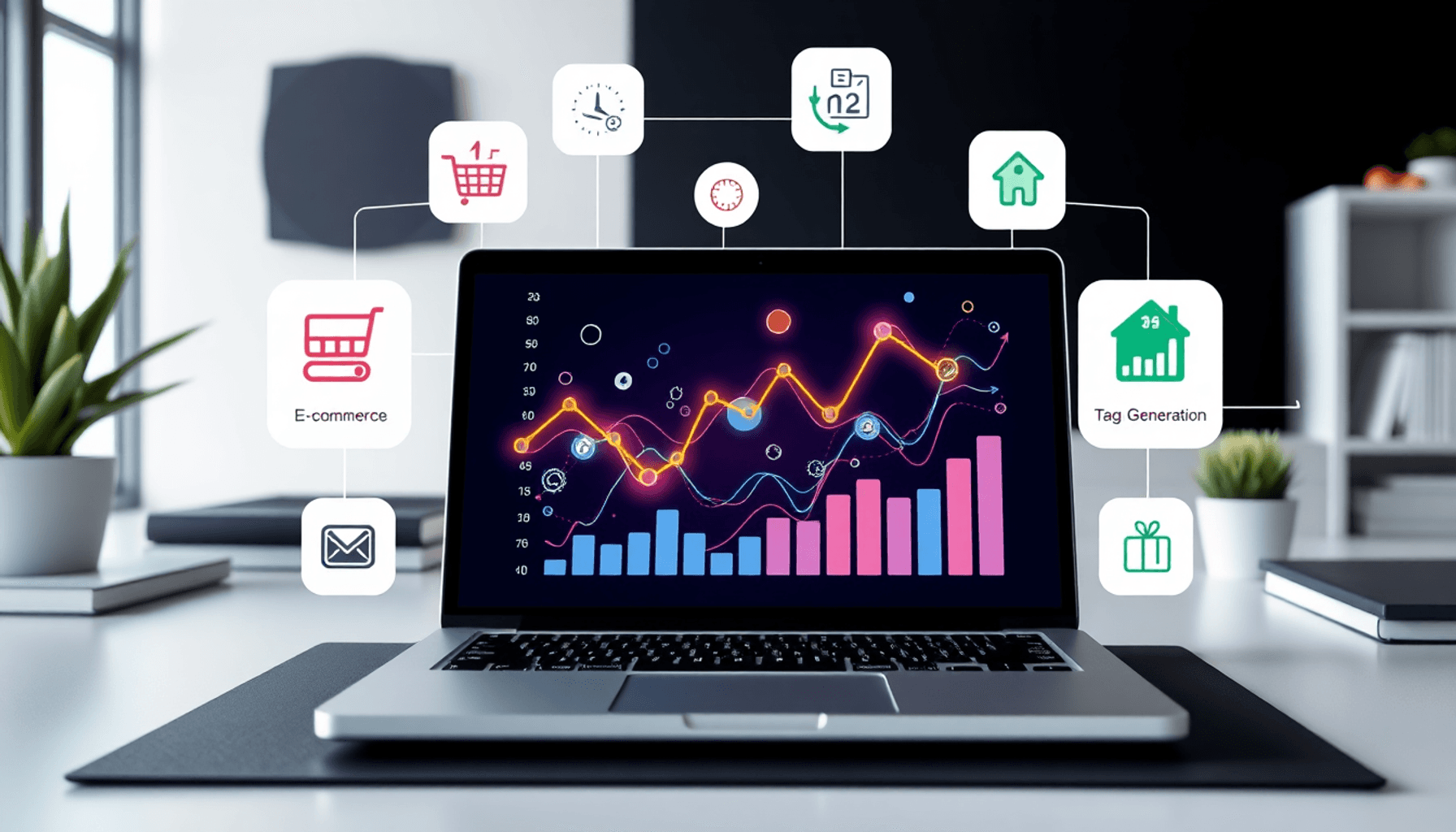 Moderne arbejdsplads med bærbar computer, der viser digitale analyser, farverige datalinjer og ikoner for e-handel, konverteringssporing og leadgen...