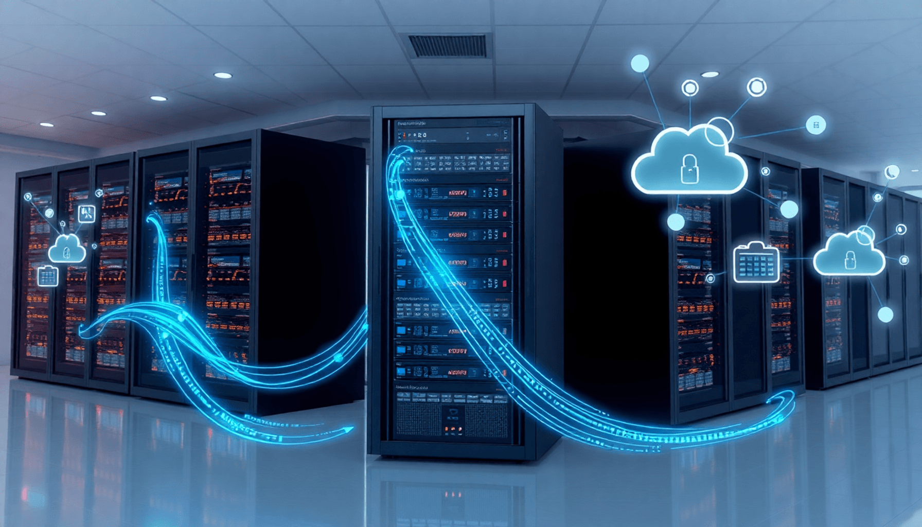 Moderne serverrum med lysende datastrømme, sammenkoblede noder og skyikoner, der symboliserer sikker, effektiv datatracking og cloud computing.