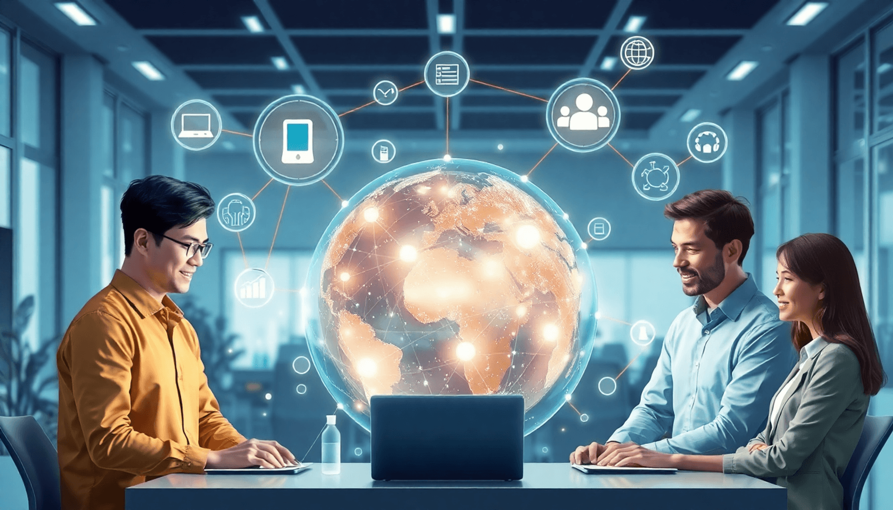Professionelle samarbejder omkring en lysende holografisk globe med sammenkoblede noder og svævende tech-ikoner i et lyst, moderne kontor.