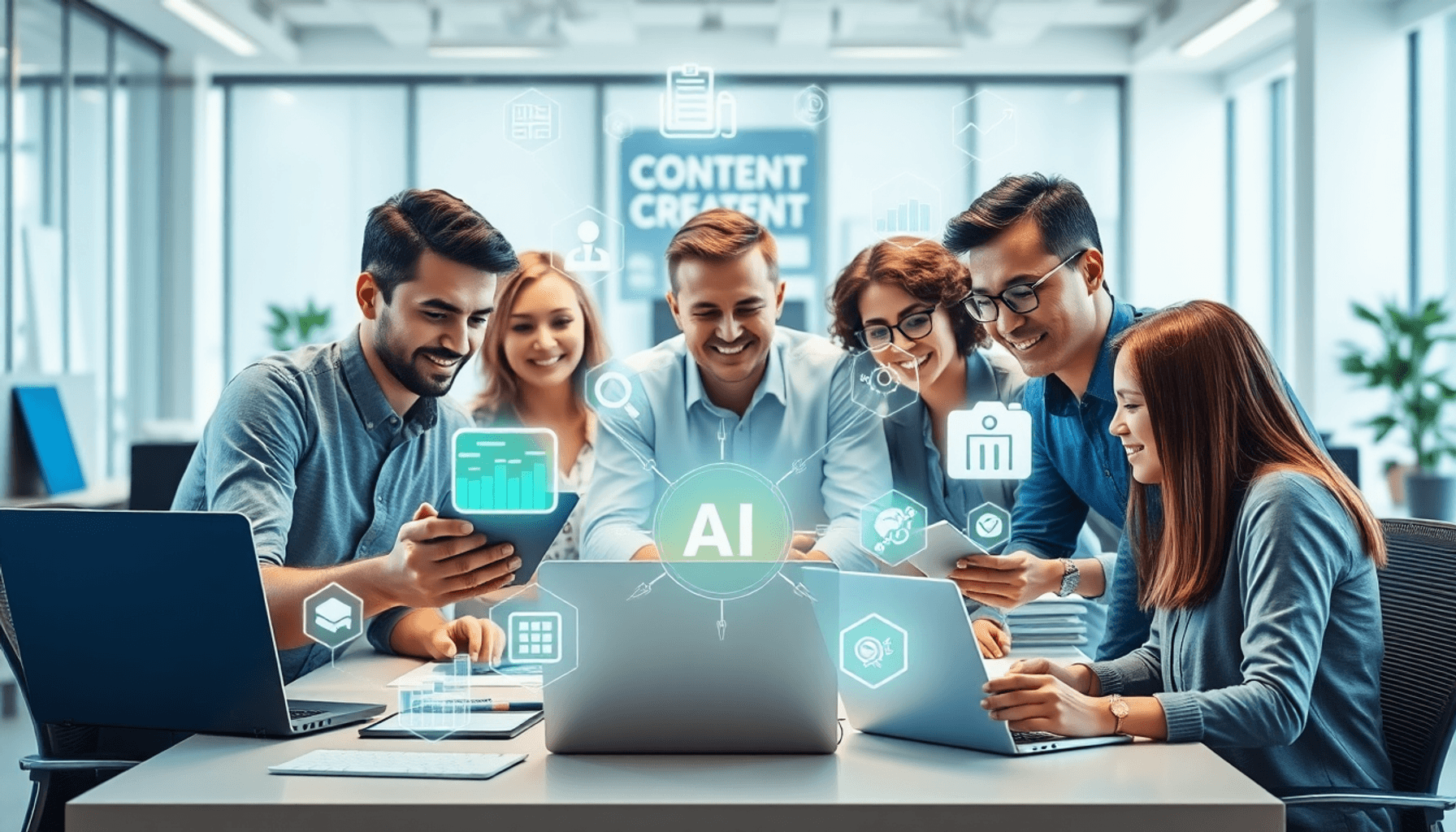 Team, der samarbejder i et lyst moderne kontor med bærbare computere, tablets og abstrakte AI- og SEO-ikoner, der symboliserer innovation og teamwork.